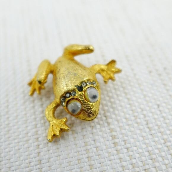 VTG Frog Brooch Green Gold-Tone Cabochon Jelly Belly Rhinestone Whimsical - Picture 6 of 15
